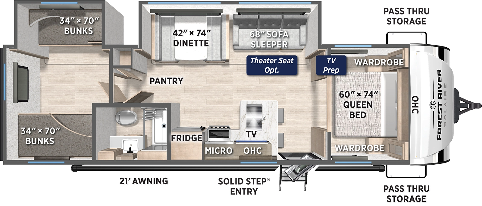 The Solaire 302BHS floorplan has one entry and two slide outs. Exterior features include: fiberglass exterior and 21' awning. Interiors features include: bunk beds and front bedroom.